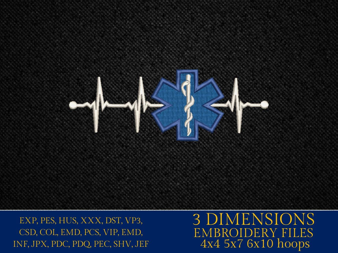 Machine Embroidery files, Heartbeat Pulse EMT Paramedic, Heart beat, EKG, dst, PES, xxx, hus & more