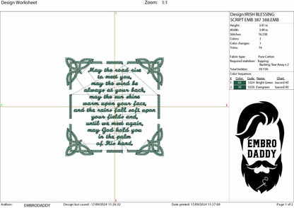 Machine Embroidery files, Irish Blessing, DST, PES, xxx, hus & more