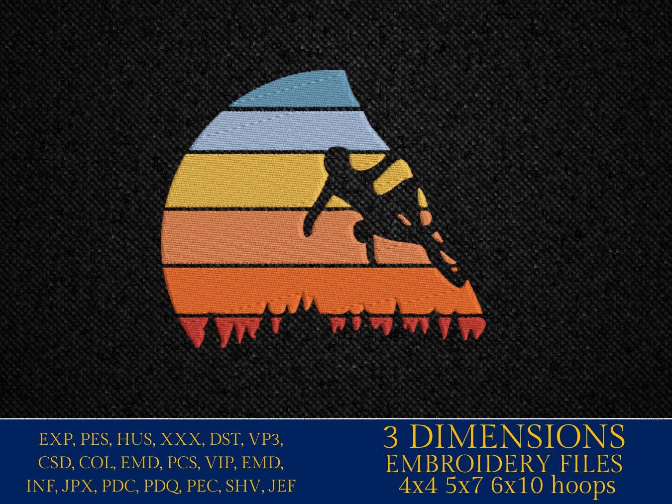 Machine Embroidery files, climber sunset, climbers, PES, DST, xxx, hus & more