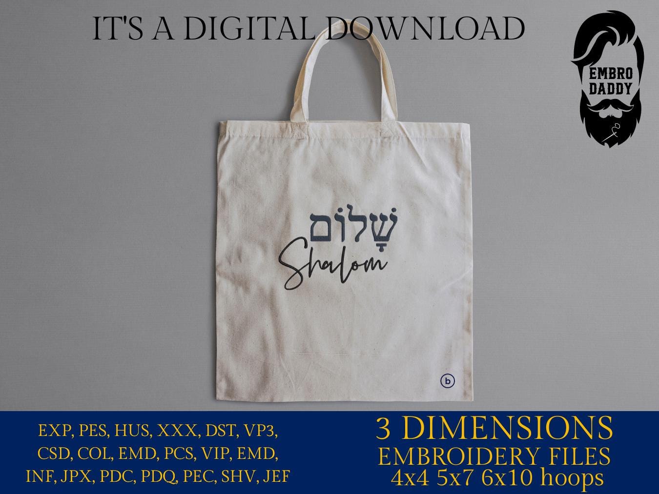 Machine Embroidery files, Shalom, Jewish Peace, Hebrew Letters, DST, PES, xxx hus & more,