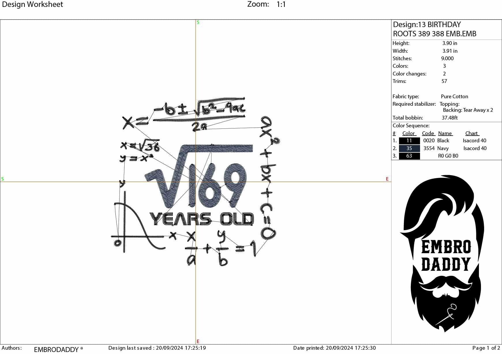 Machine Embroidery files, 13 th birthday, Math, square roots, PES, DST, xxx, hus & more