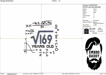 Machine Embroidery files, 13 th birthday, Math, square roots, PES, DST, xxx, hus & more
