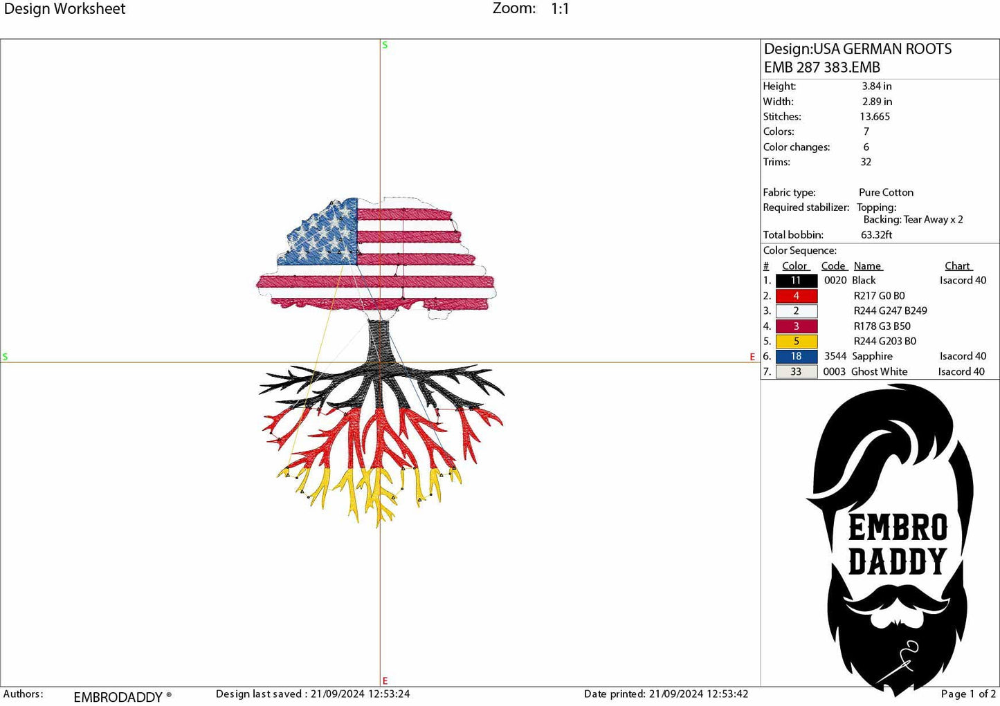 Machine Embroidery files, USA Tree German roots, PES, xxx, hus, dst & more