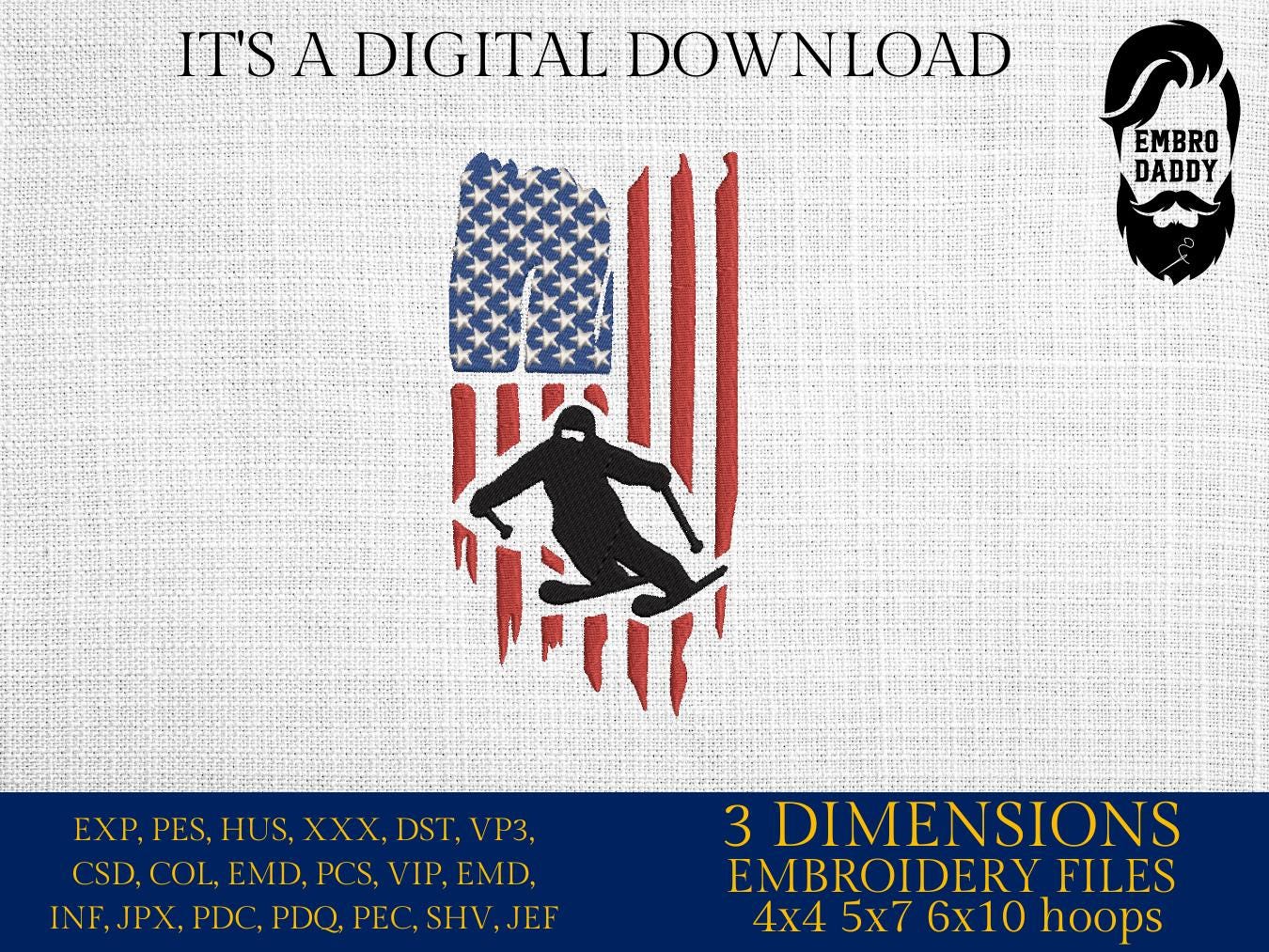 Machine Embroidery files, USA flag, Skier, PES, DST, xxx, hus & more