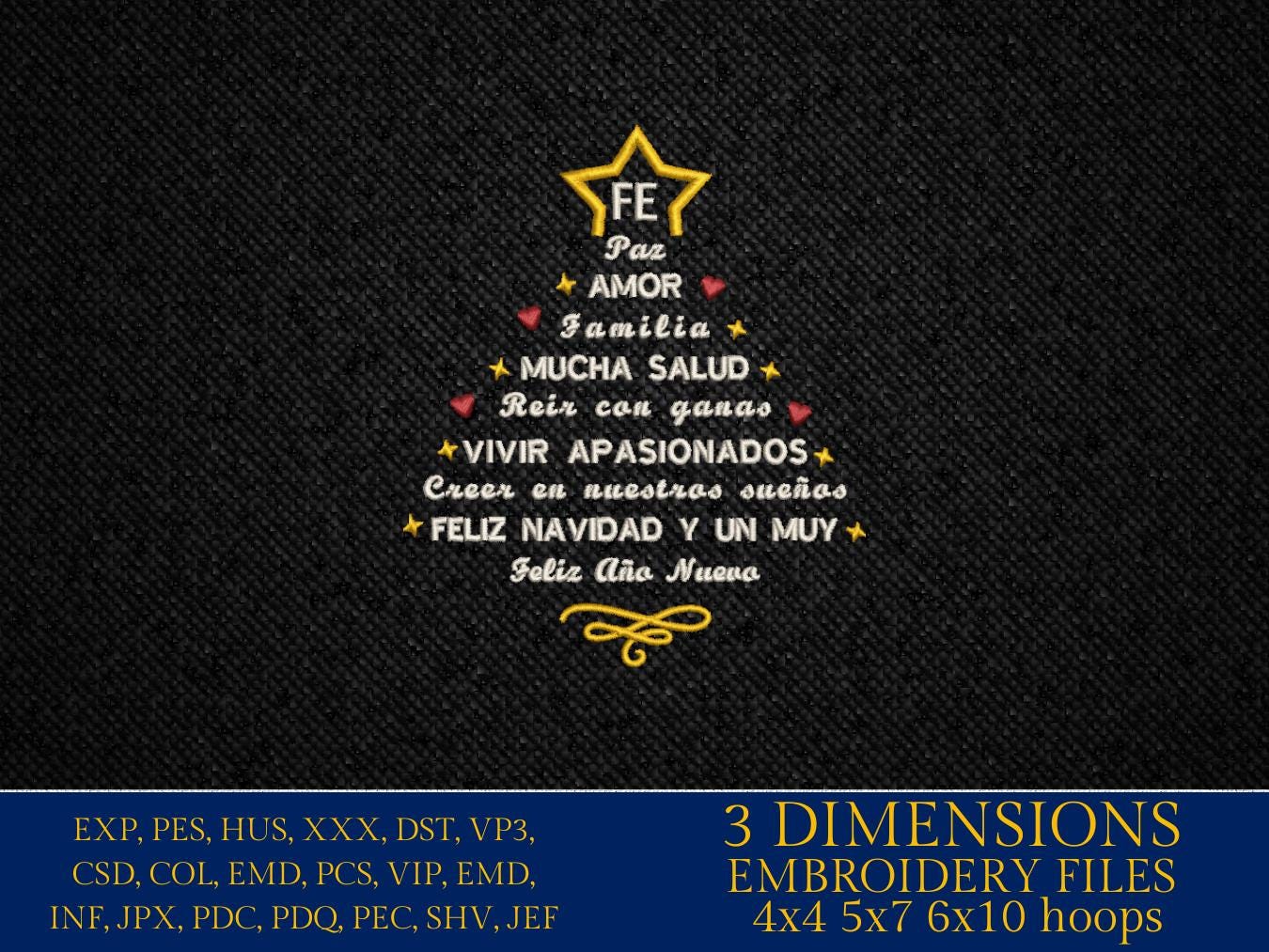 Machine Embroidery files, Spanish Christmas, Feliz Navidad, Próspero Año Nuevo, Arbol de Navidad, PES, DST, xxx, hus and more
