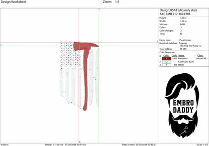 Machine Embroidery files, USA flag, Axe, Red Line Flag, Firefighter Flag, PES, xxx, hus, dst & more