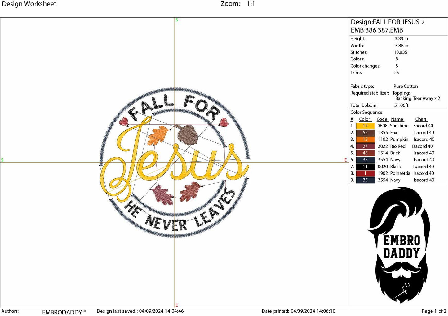 Machine Embroidery files, Fall For Jesus He Never Leaves, Fall Season, Autumn Vibes, Christian Fall, PES, DST, xxx, hus & more