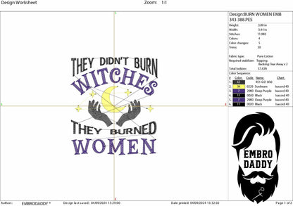 Machine Embroidery, They Didn't Burn Witches They Burned Women, Witch, Moon Phase, Halloween Feminism, PES, DST, xxx, hus and more