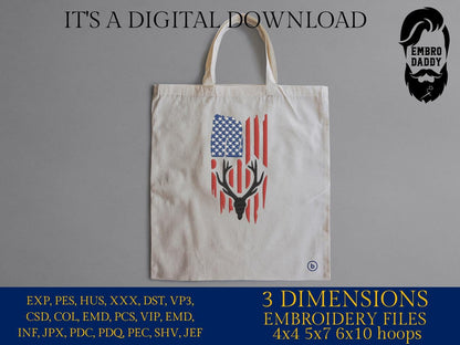 Machine Embroidery files, USA flag, deer skull, hunt, buck, PES, DST, xxx, hus & more