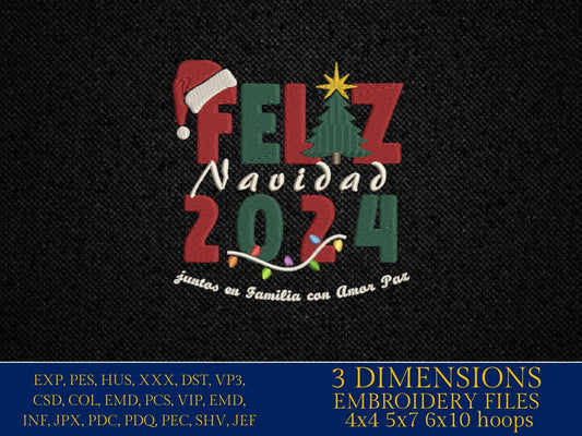 Machine Embroidery files, Spanish Christmas, Feliz Navidad 2024, juntos en familia, Arbol de Navidad, PES, DST, xxx, hus and more