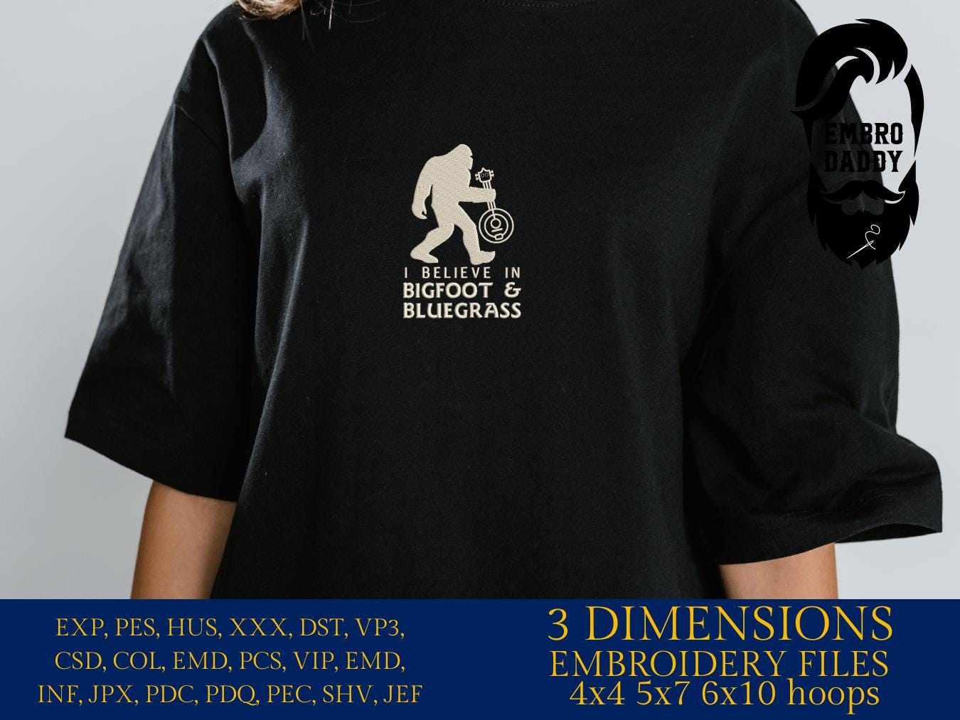 Machine Embroidery files, Bigfoot Banjo, bluegrass, Bigfoot pes, Big Foot, Yeti, Sasquatch PES, xxx, hus & more