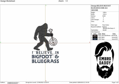 Machine Embroidery files, Bigfoot Banjo, bluegrass, Bigfoot pes, Big Foot, Yeti, Sasquatch PES, xxx, hus & more