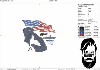 Machine Embroidery files, USA flag, US Sailor, American Soldier, United States Navy, PES, xxx, hus & more