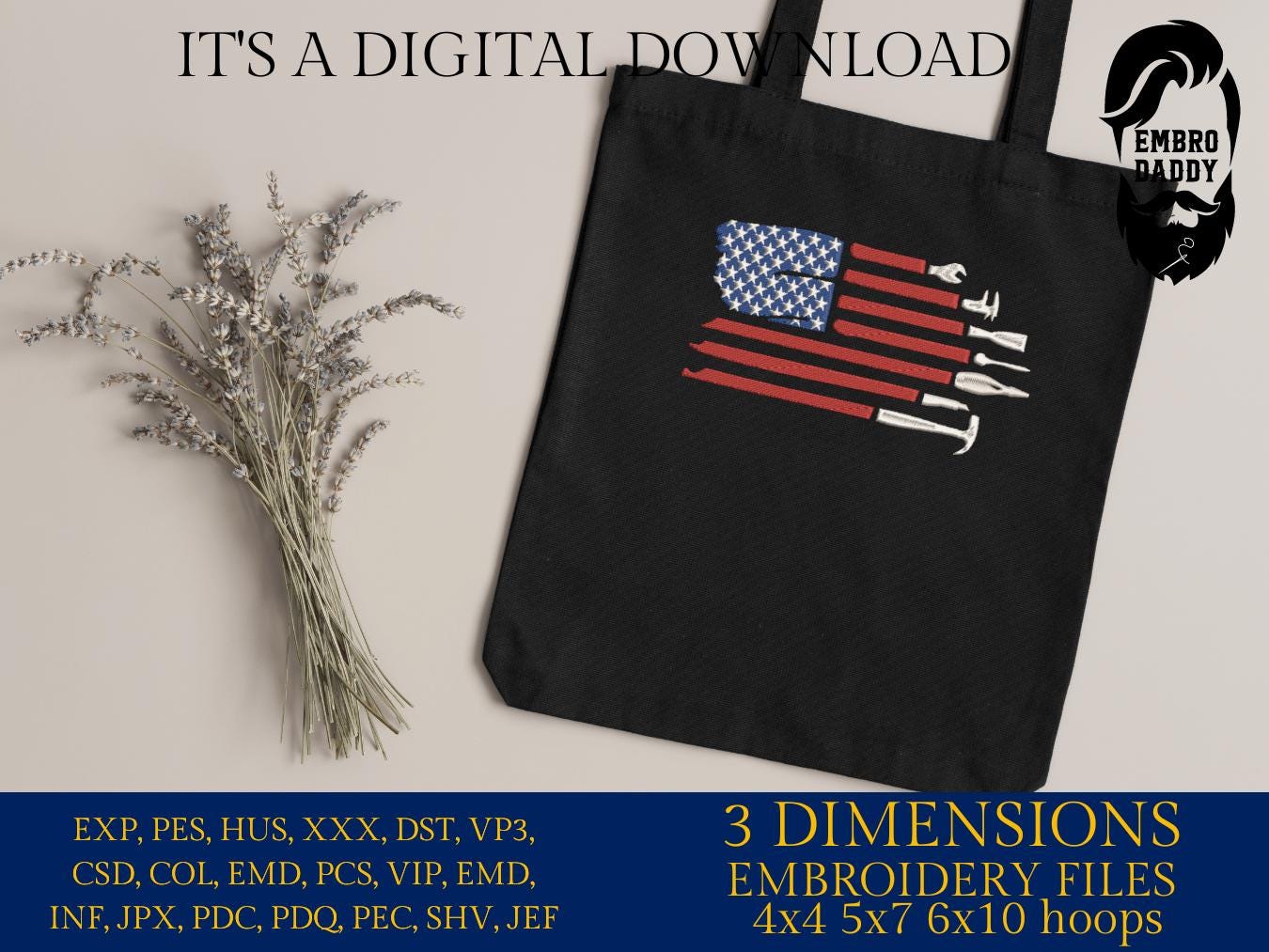 Machine Embroidery files, US Flag Tools, Mechanic Tools, Distressed Flag, Repair Tools, PES, DST, hus & more