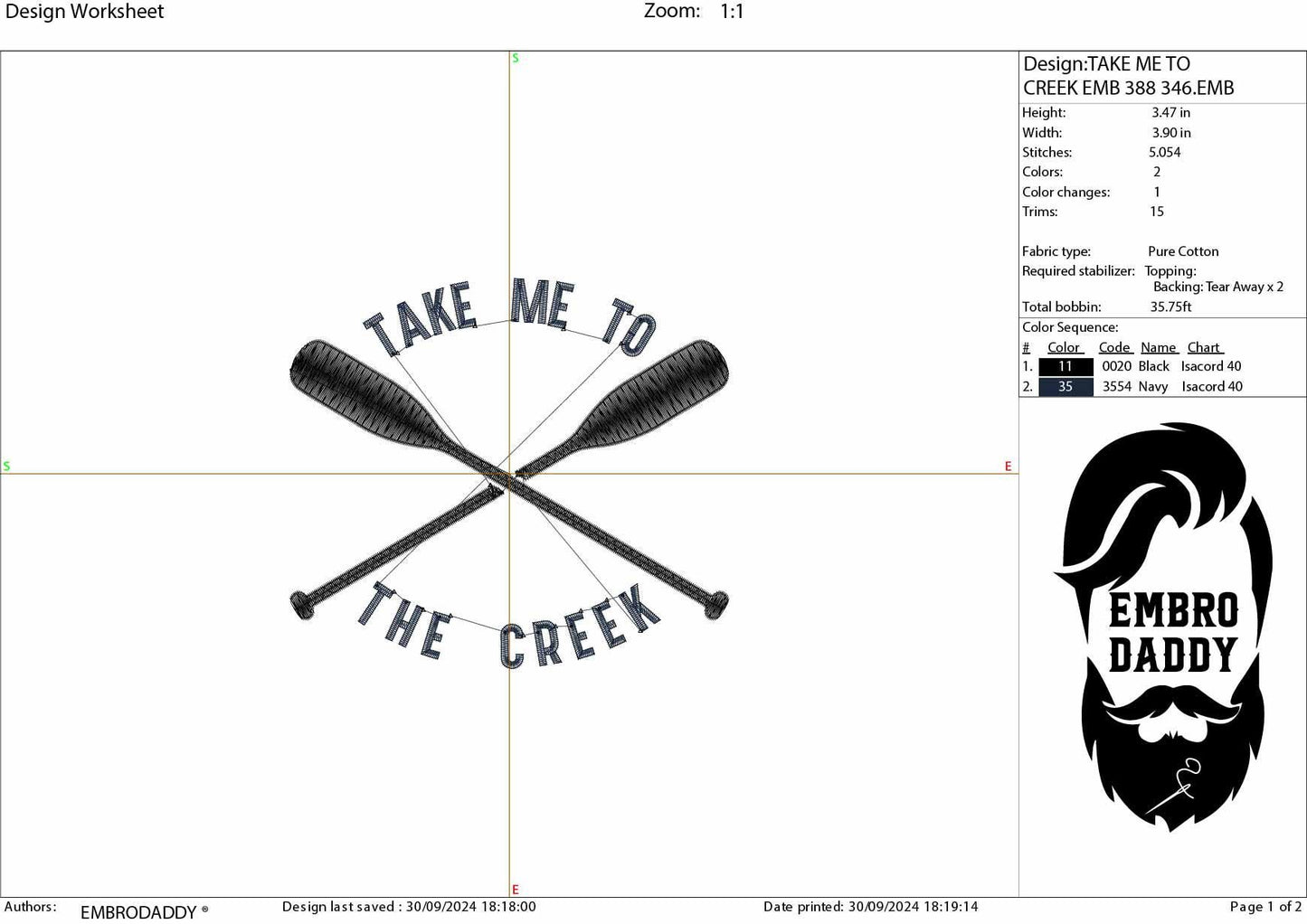 Machine Embroidery files, take me to the creek, kayak, dst, PES, xxx, hus & more