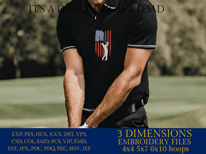 Machine Embroidery files, Golf Usa flag, golfer, PES, DST, hus & more