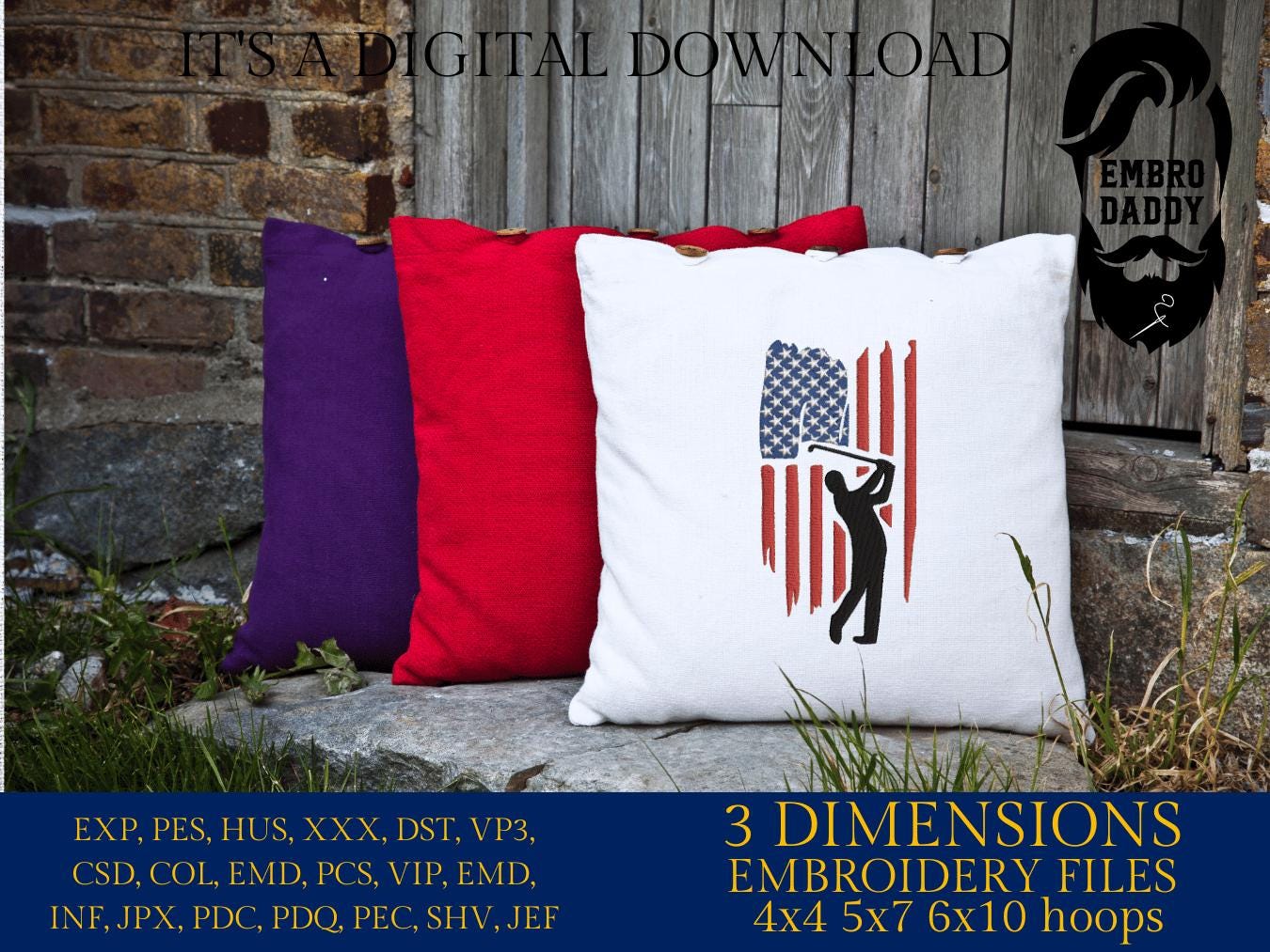 Machine Embroidery files, Golf Usa flag, golfer, PES, DST, hus & more