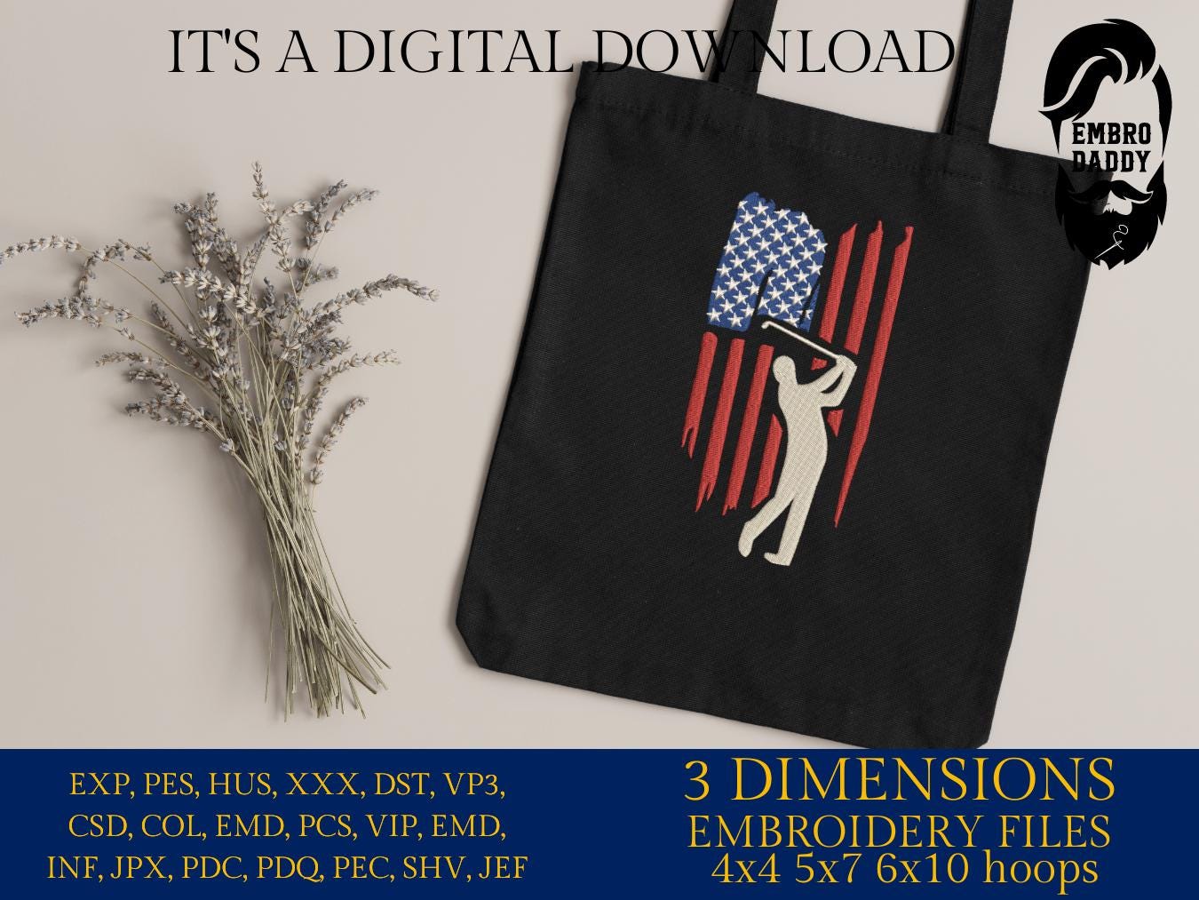 Machine Embroidery files, Golf Usa flag, golfer, PES, DST, hus & more