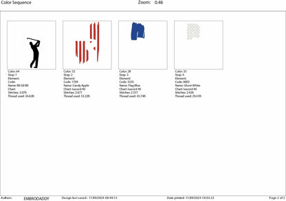 Machine Embroidery files, Golf Usa flag, golfer, PES, DST, hus & more