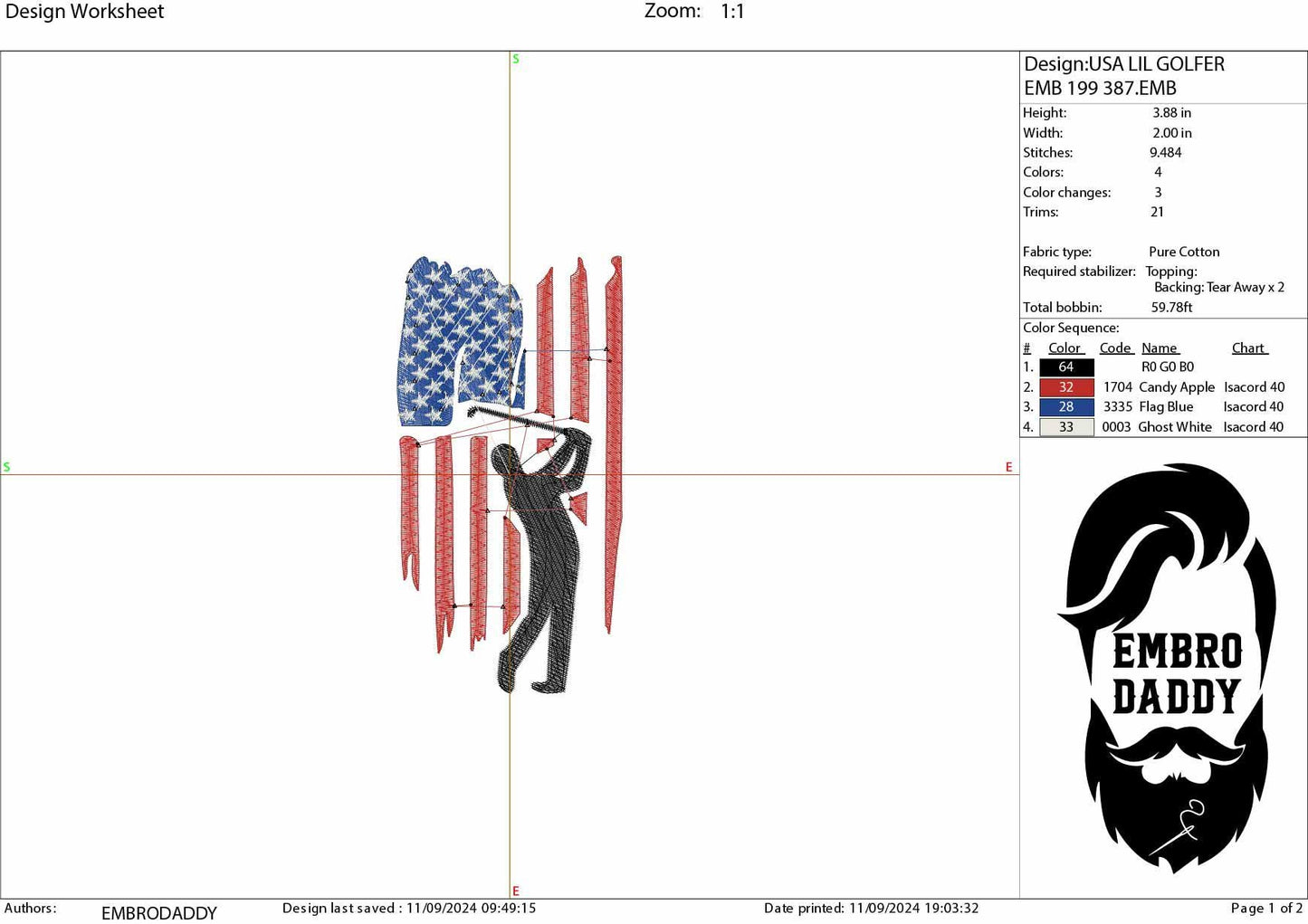 Machine Embroidery files, Golf Usa flag, golfer, PES, DST, hus & more