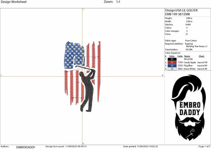 Machine Embroidery files, Golf Usa flag, golfer, PES, DST, hus & more