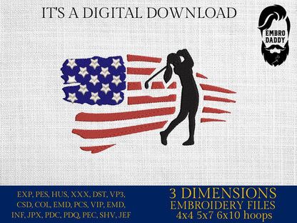 Machine Embroidery files, Golf Usa flag, golfer, woman, girl, PES, DST, hus & more