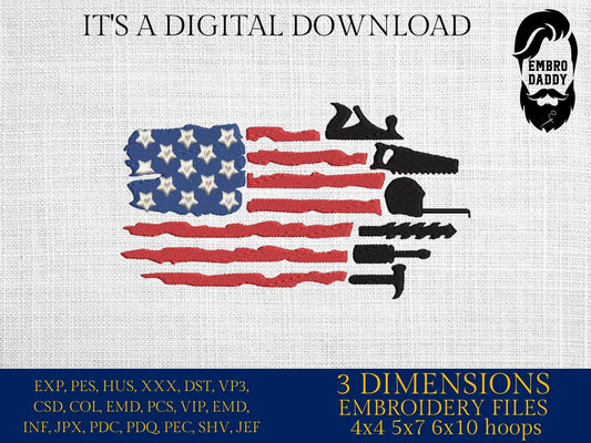 Machine Embroidery files, US Flag Tools, carpenter Tools, Distressed Flag, Repair Tools, PES, DST, hus & more