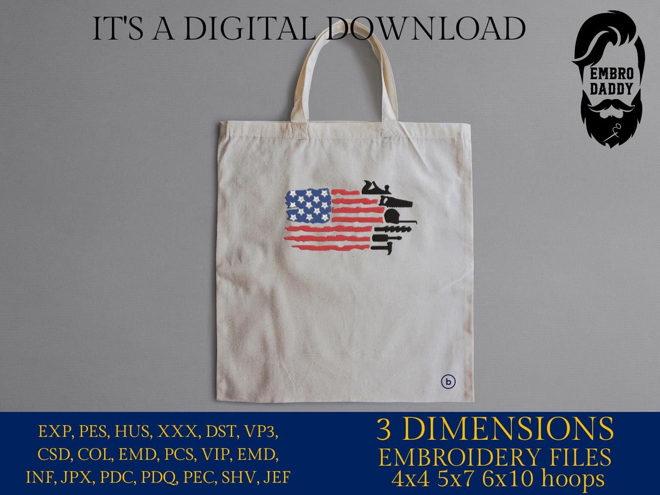 Machine Embroidery files, US Flag Tools, carpenter Tools, Distressed Flag, Repair Tools, PES, DST, hus & more