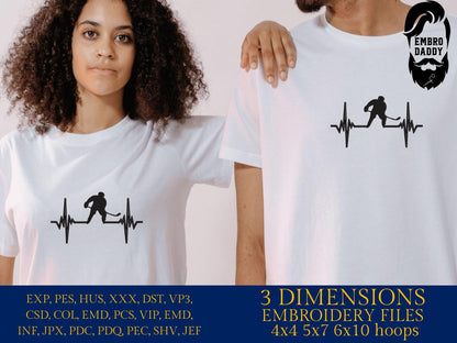 Machine Embroidery files, Hockey, heartbeat, Heart beat, EKG, hockey player, dst, PES, xxx, hus & more