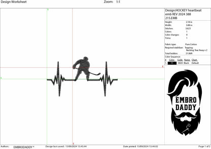 Machine Embroidery files, Hockey, heartbeat, Heart beat, EKG, hockey player, dst, PES, xxx, hus & more