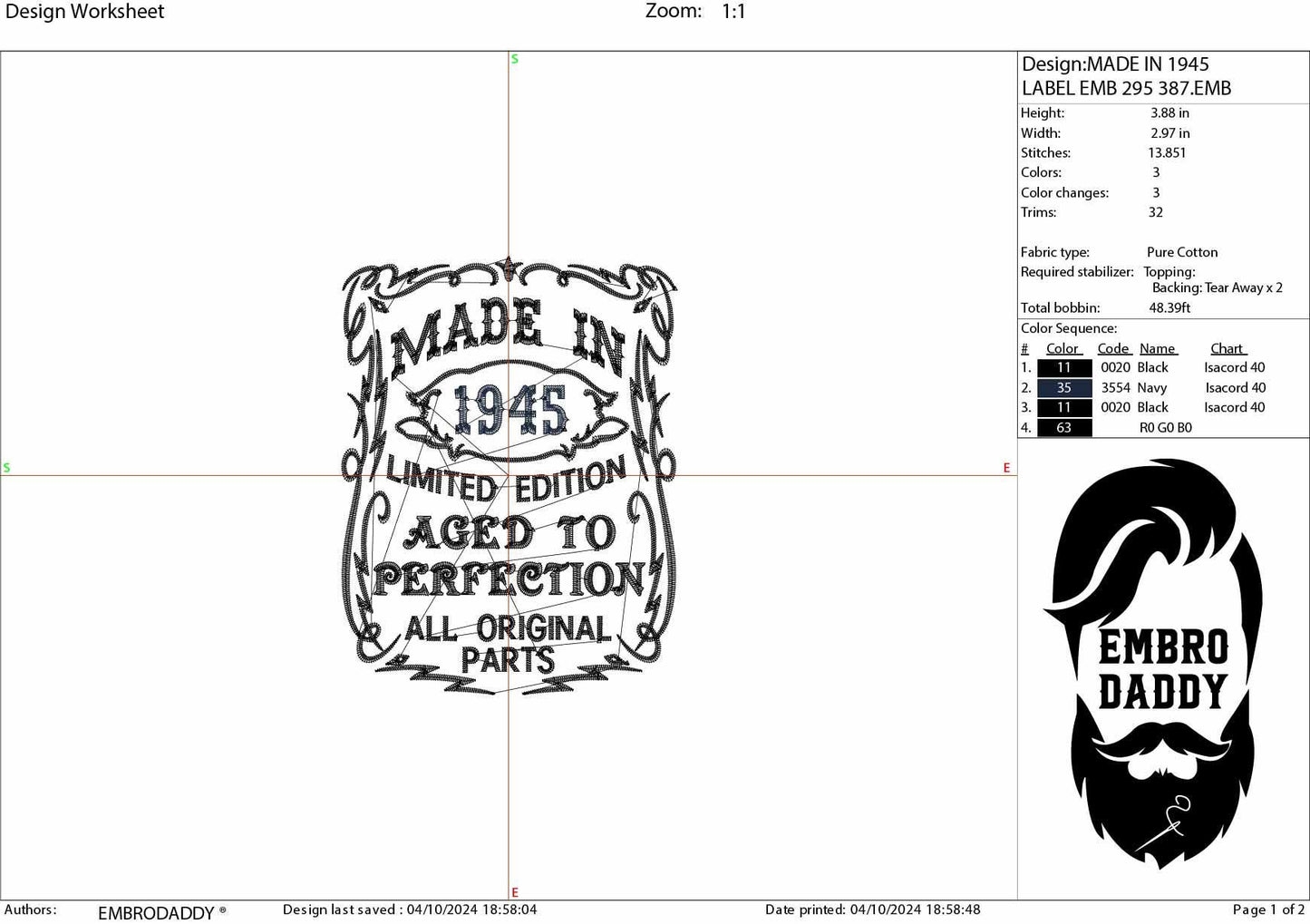 Machine Embroidery files, made in 1945 aged to perfection pes, birthday funny embroidery files, gift idea PES, DST, xxx, hus & more