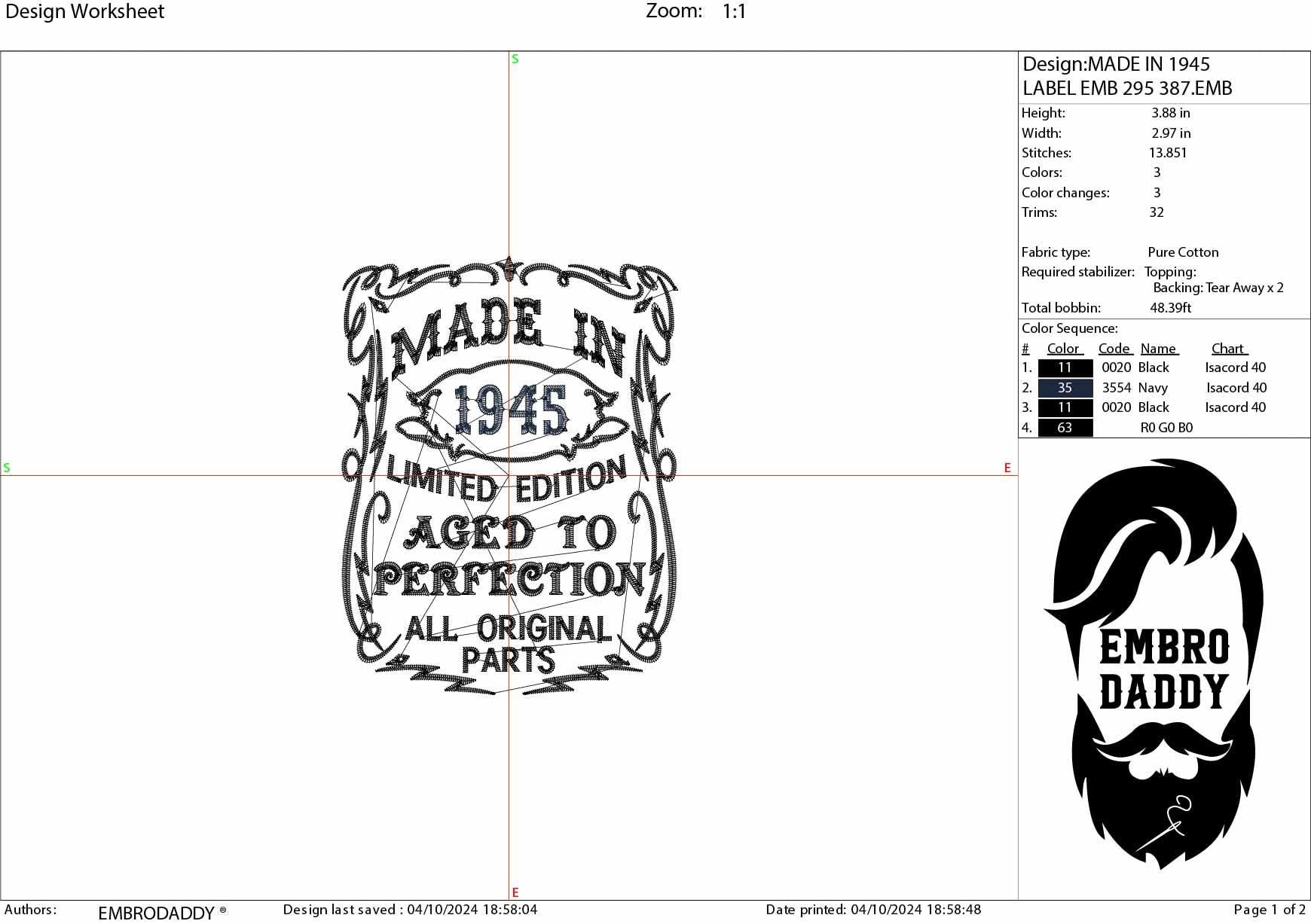 Machine Embroidery files, made in 1945 aged to perfection pes, birthday funny embroidery files, gift idea PES, DST, xxx, hus & more