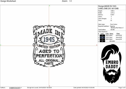 Machine Embroidery files, made in 1945 aged to perfection pes, birthday funny embroidery files, gift idea PES, DST, xxx, hus & more