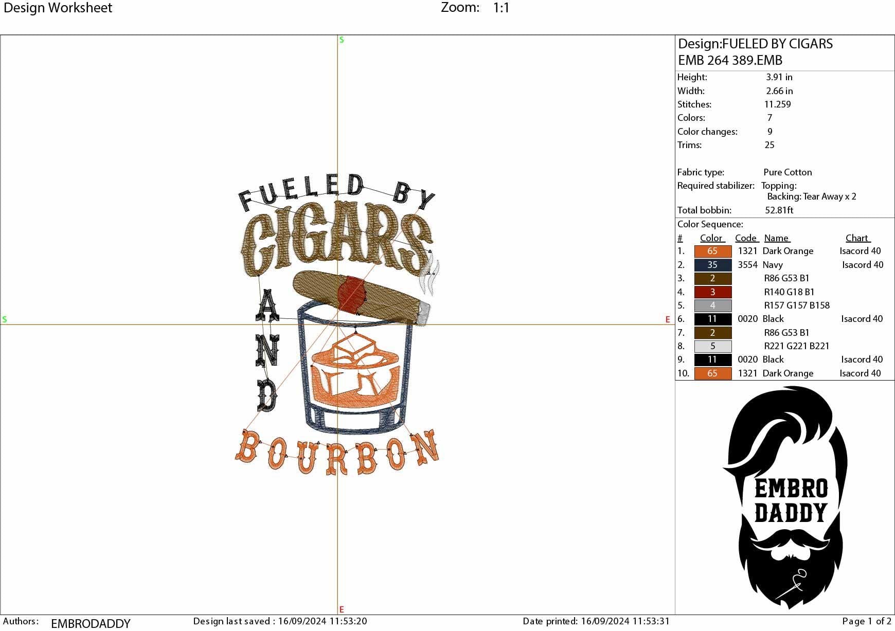 Machine Embroidery files, Fueled By Cigars and Bourbon, Funny Cigar aficionado, Smoker, Smoke, Stogie, DST, PES, xxx, hus, dst & more