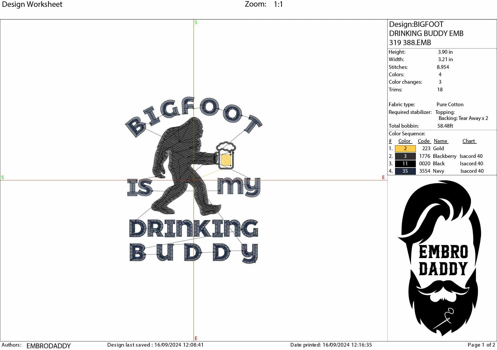 Machine Embroidery files, bigfoot drinking buddy, PES, xxx, hus & more