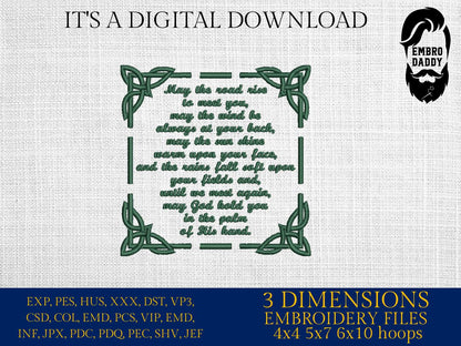 Machine Embroidery files, Irish Blessing, DST, PES, xxx, hus & more