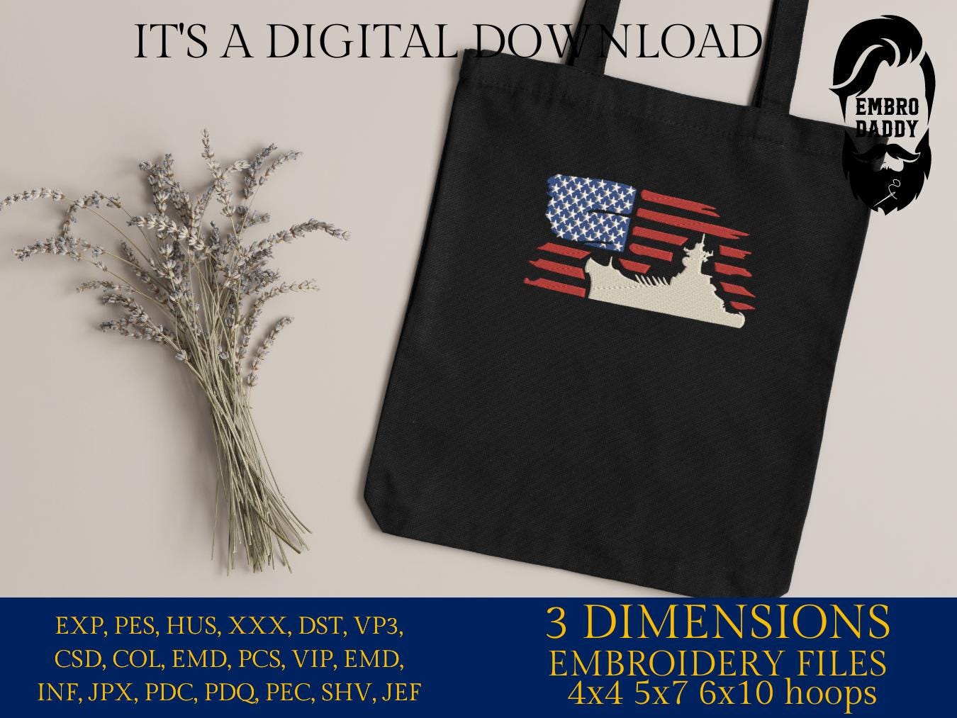 Machine Embroidery files, USA flag, Navy, battleship, PES, xxx, hus & more