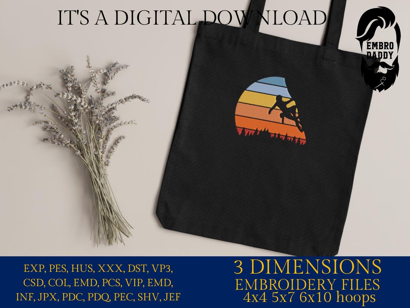 Machine Embroidery files, climber sunset, climbers, PES, DST, xxx, hus & more