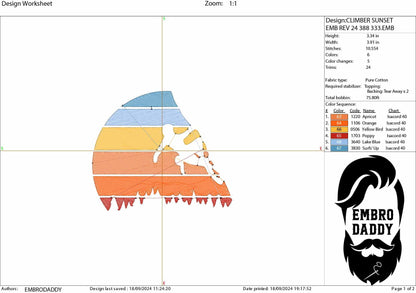 Machine Embroidery files, climber sunset, climbers, PES, DST, xxx, hus & more