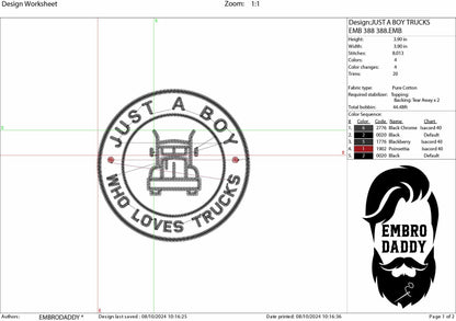 Machine Embroidery files, Just A Boy Who Loves Trucks, Trucks ,farm, PES, xxx, hus & more