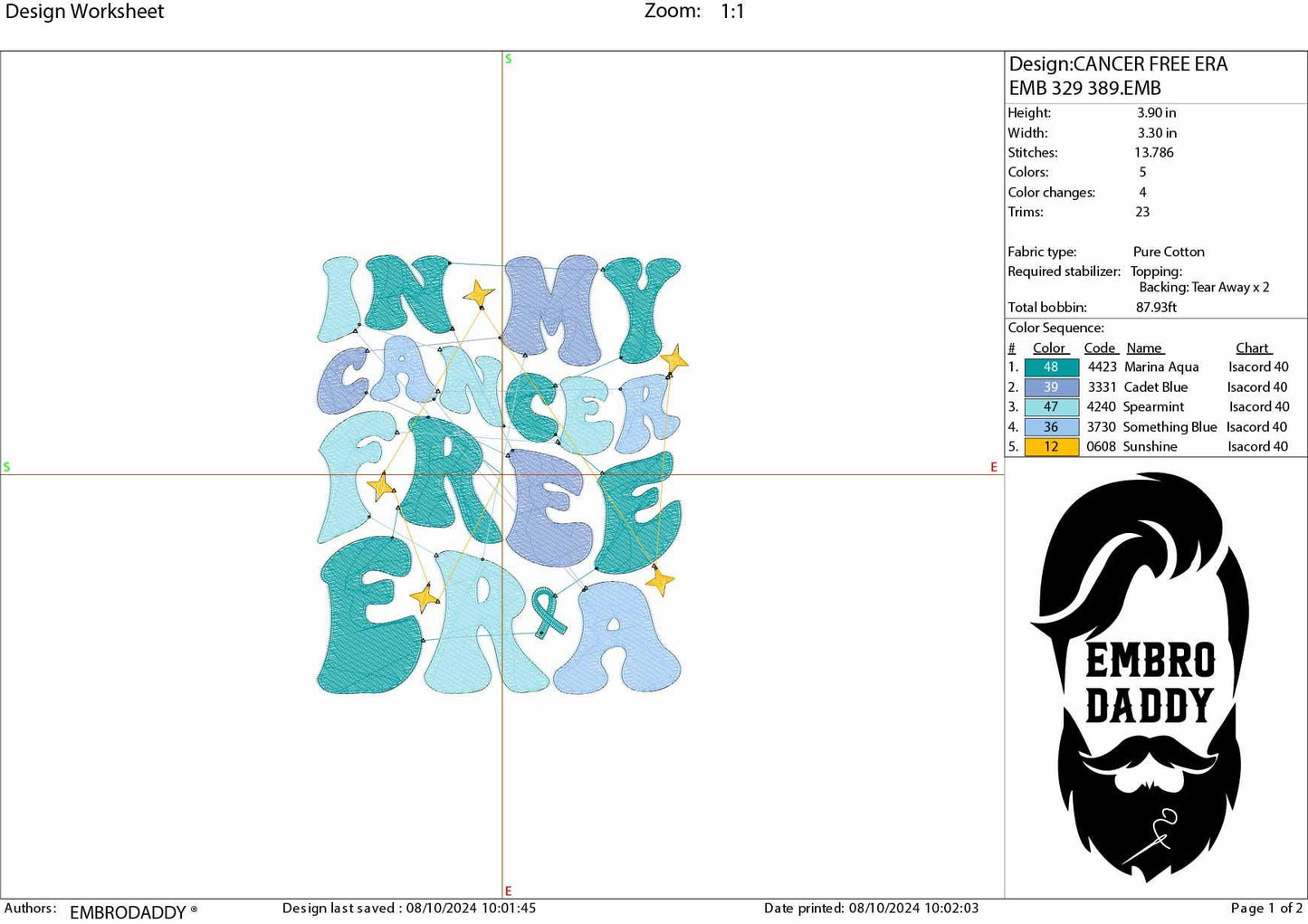 Machine Embroidery files, in my cancer free era, two files, embroidery files, PES, dst, xxx, hus & more