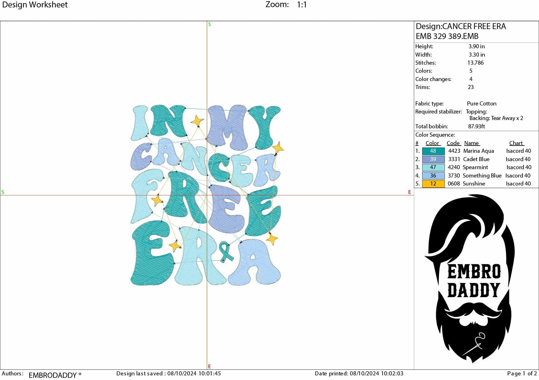 Machine Embroidery files, in my cancer free era, two files, embroidery files, PES, dst, xxx, hus & more