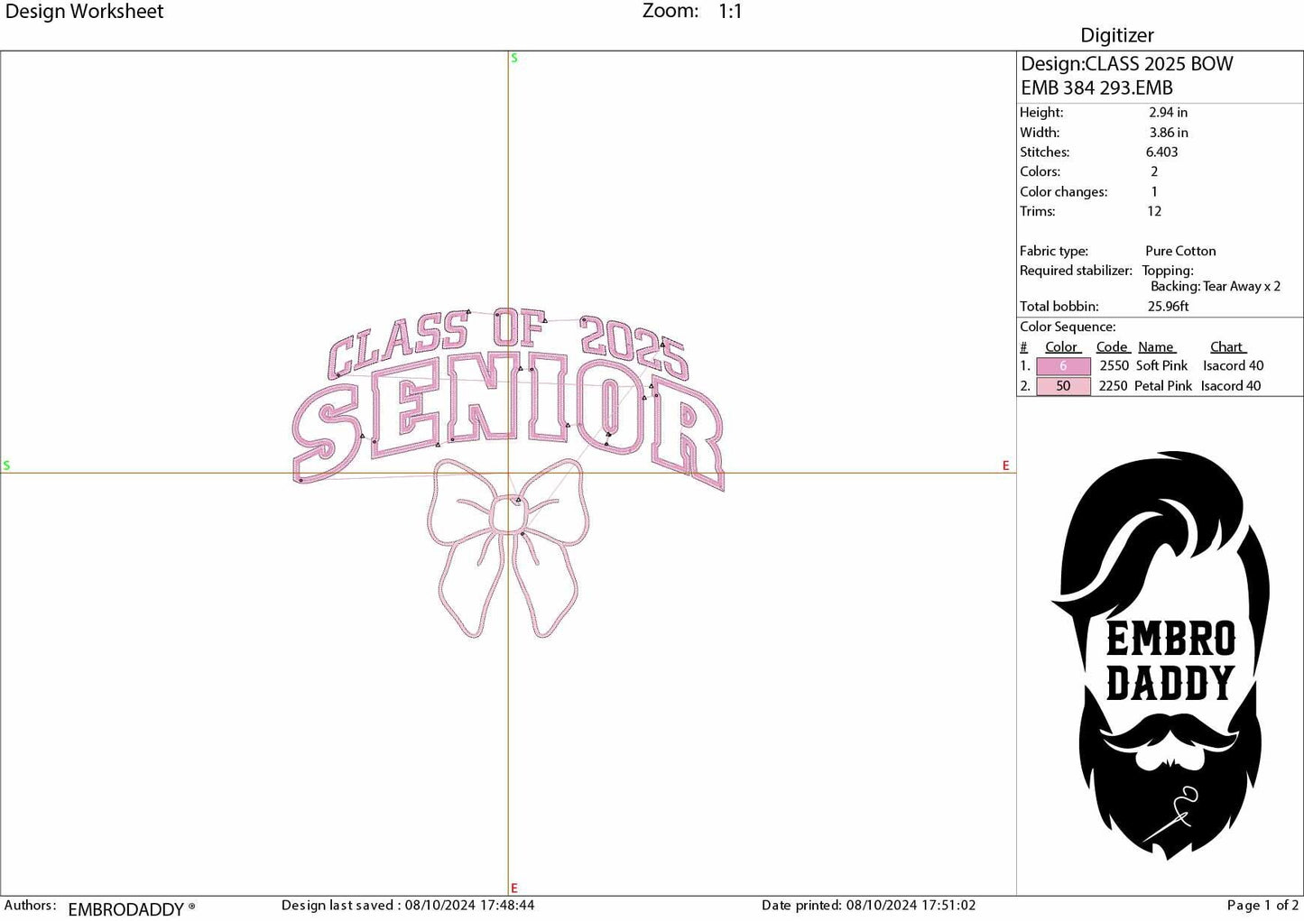Machine Embroidery files, Coquette Senior Class Of 2025, Ping Bow, Senior 2025, Graduation 2025, high school , PES, DST, xxx, hus & more