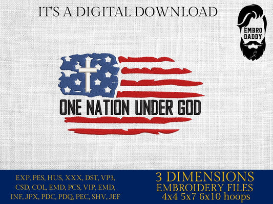 Machine Embroidery files, USA flag, one nation under God, Jesus Christ Cross, PES, dst, xxx, hus & more