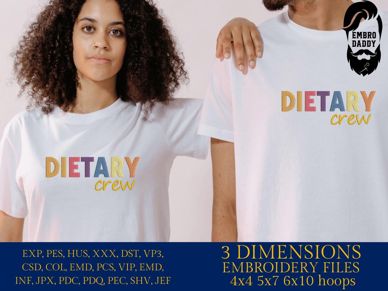 Machine embroidery files, Dietary Crew, Nutrition Team, Fitness Diet, Dietary Quotes, Organic Only, PES, DST, xxx, hus & more