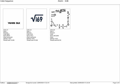 Machine Embroidery files, 13 th birthday, Math, square roots, PES, DST, xxx, hus & more