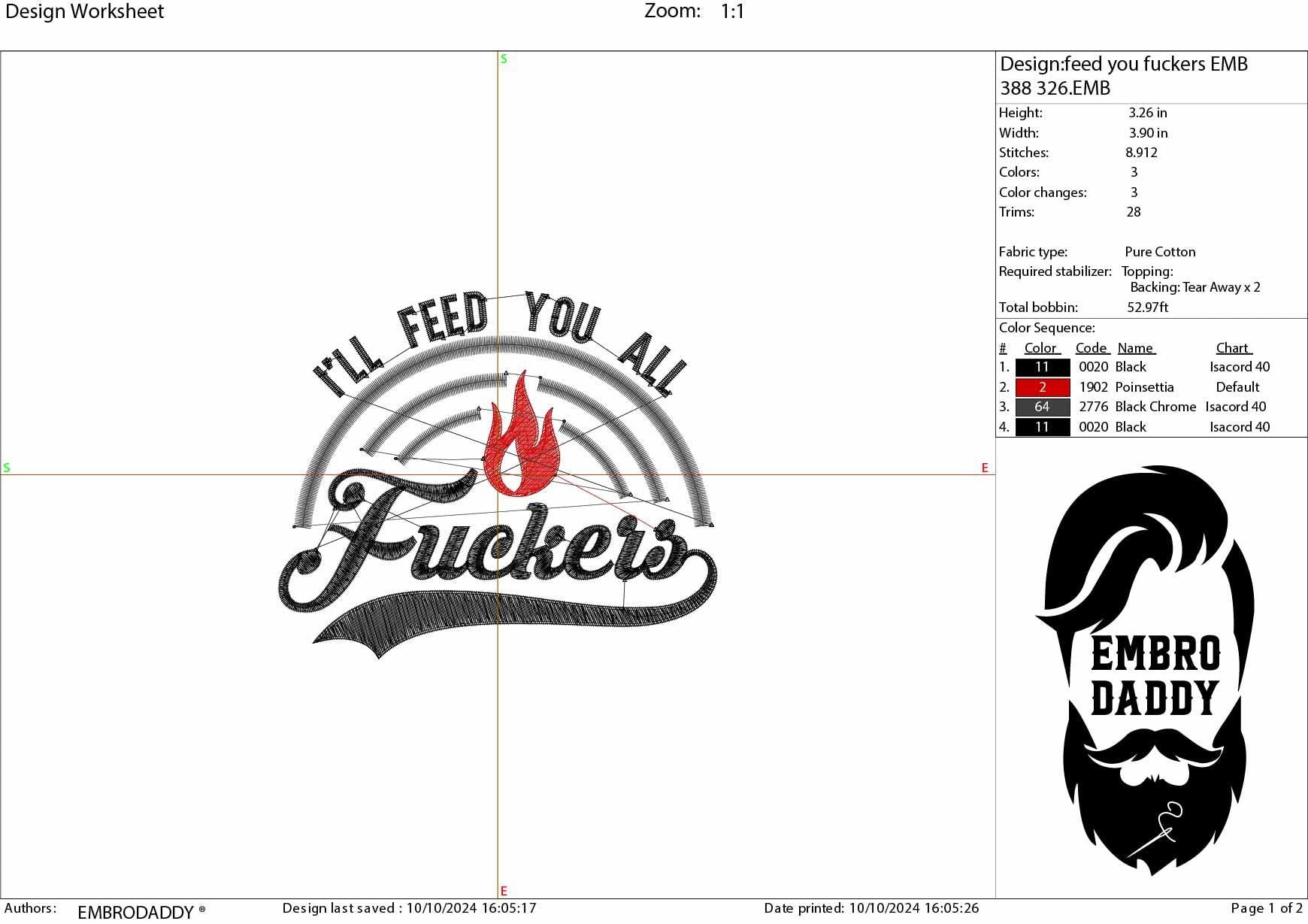 Machine Embroidery files, I'll feed you fuckers, funny embroidery files, gift idea PES, hus & more