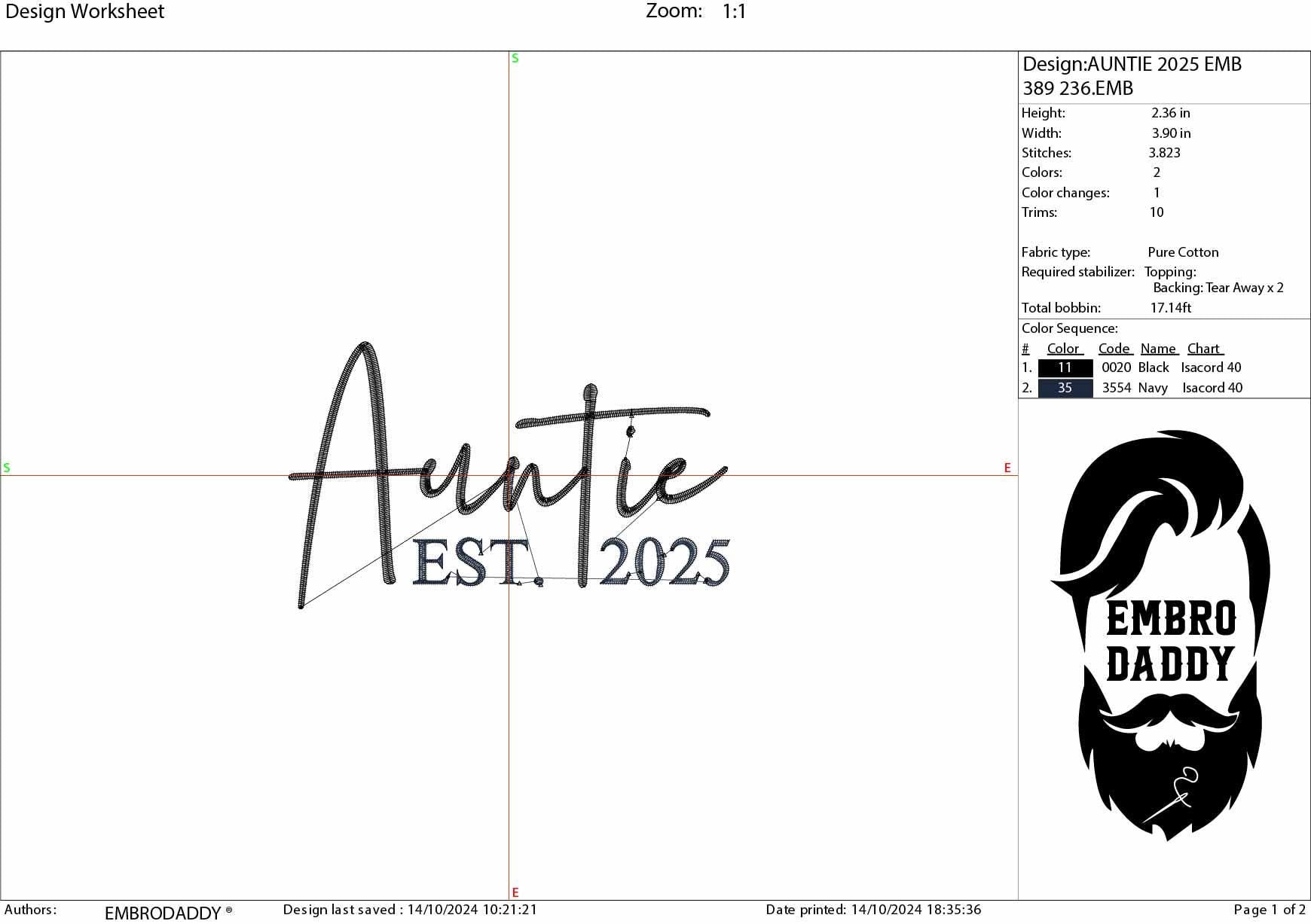 Machine Embroidery files, Auntie est. 2025, embroidery files, PES, xxx, hus & more, embroidery files