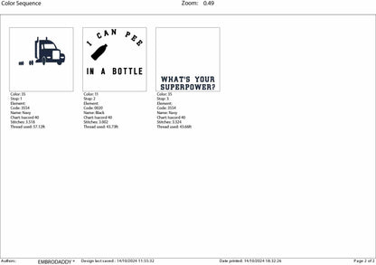 Machine Embroidery files, I can pee in a bottle, Trucker, funny, sarcastic, PES, DST, xxx, hus & more