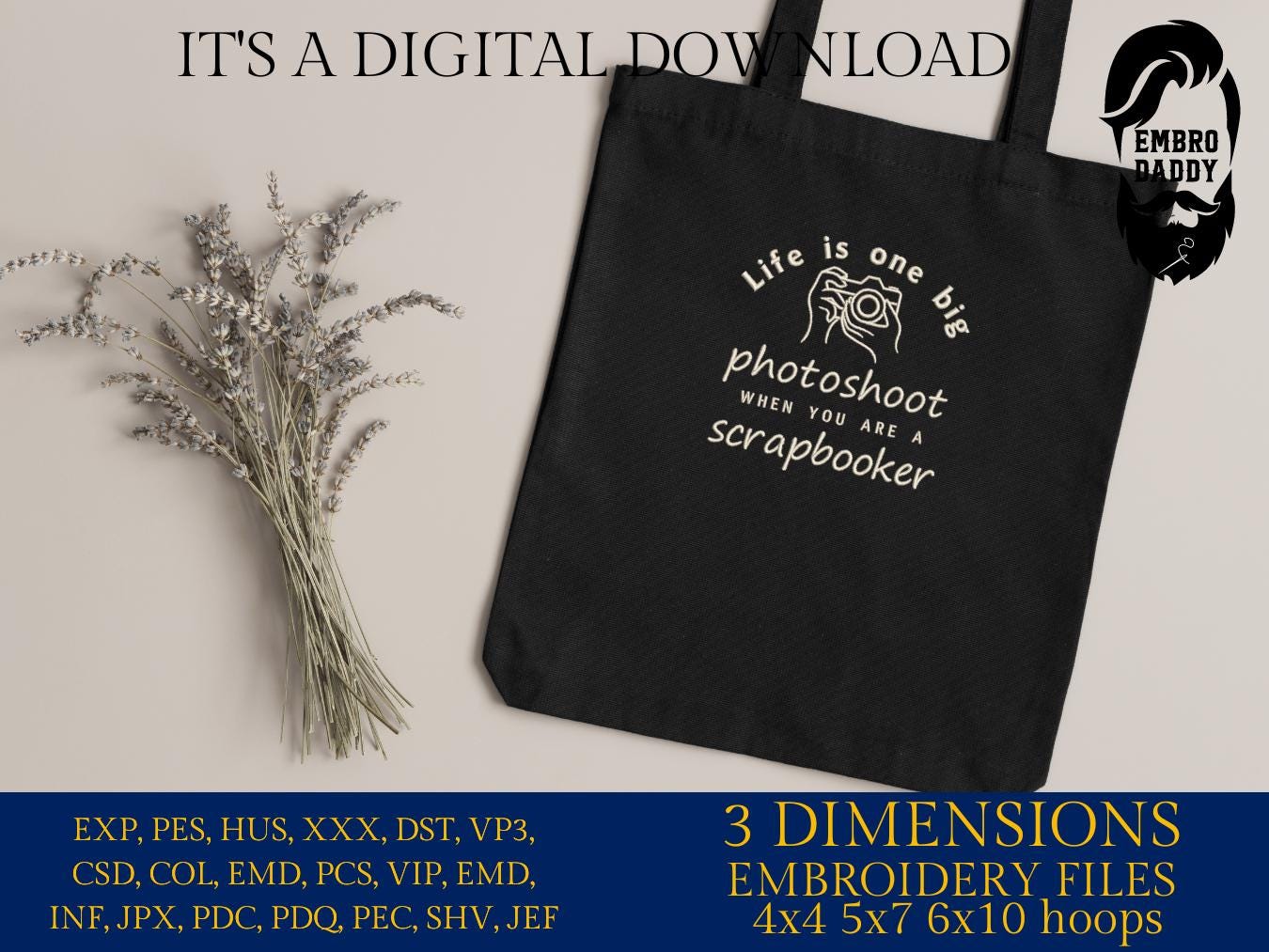 Machine Embroidery files, life is one big photoshoot when you are a scrapbooker, PES, DST, xxx, hus & more